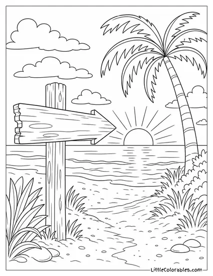 A Weathered Wooden Sign Pointing to the Beach at Sunset Coloring Page