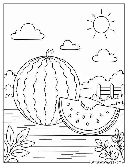 A Whole Watermelon With a Single Bite Shaped Piece Removed Coloring Page