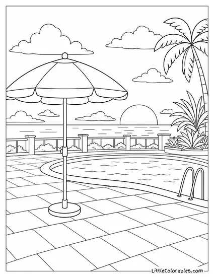 A Wide Empty Pool Deck With a Single Umbrella at Golden Hour Coloring Page