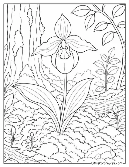 A Wild Orchid Growing from a Mossy Forest Floor Coloring Page
