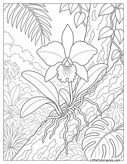 A Wild Tropical Orchid Clinging to a Rainforest Tree Branch Coloring Page