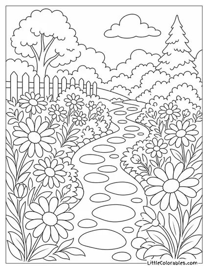 A Winding Garden Path Edged with Clusters of Daisies Coloring Page