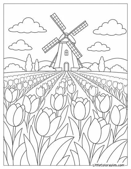 A Windmill in a Tulip Field in the Distance Coloring Page