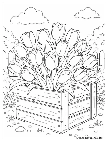 A Wooden Crate Overflowing with Freshly Cut Tulips Coloring Page