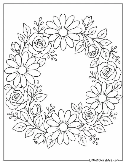 A Wreath of Daisies and Small Roses on a Flat Surface Coloring Page