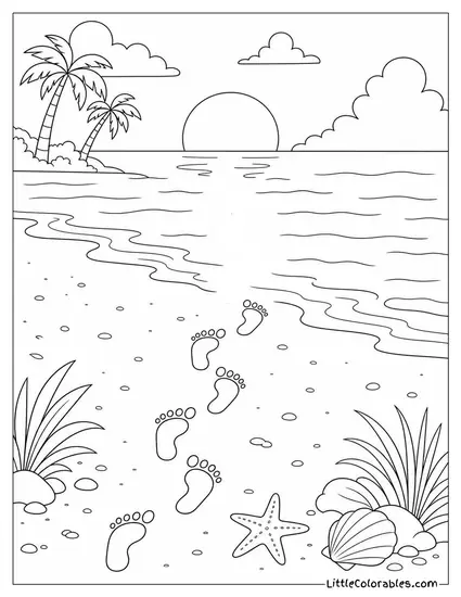 A Zigzag of Footprints Disappearing Into Calm Ocean Water Coloring Page
