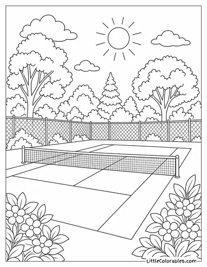 An Empty Sunlit Tennis Court Surrounded by Lush Summer Trees Coloring Page