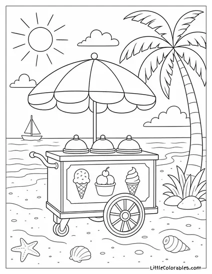 An Ice Cream Cart at the Beach With an Umbrella Coloring Page
