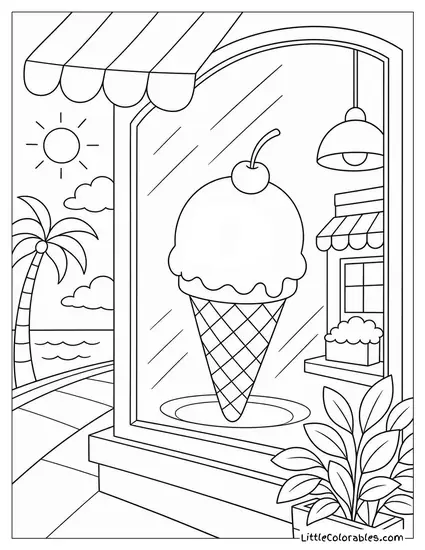 An Ice Cream Cone Reflected in a Shop Window Coloring Page
