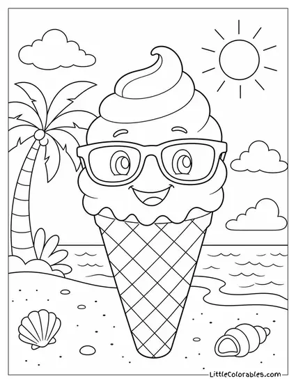 An Ice Cream Cone Wearing Sunglasses at the Beach Coloring Page
