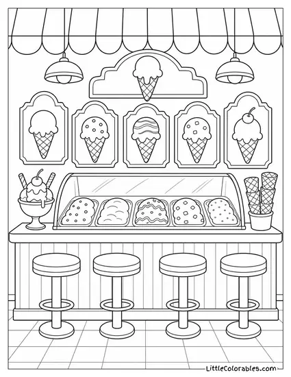 An Ice Cream Parlor Counter With Stools and Flavor Signs Coloring Page