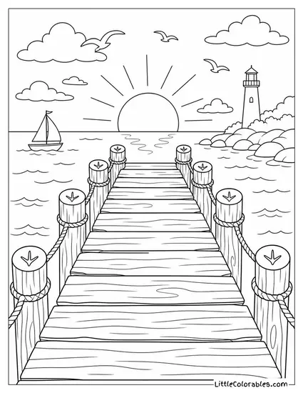 An Old Wooden Jetty With Seagull Footprints on Each Post Coloring Page