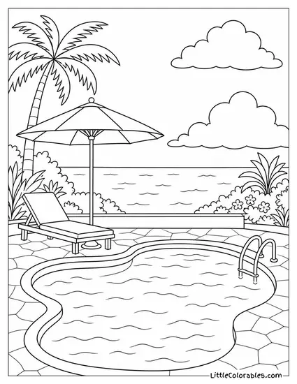 An Open Backyard Pool With a Single Umbrella and Ocean View Coloring Page