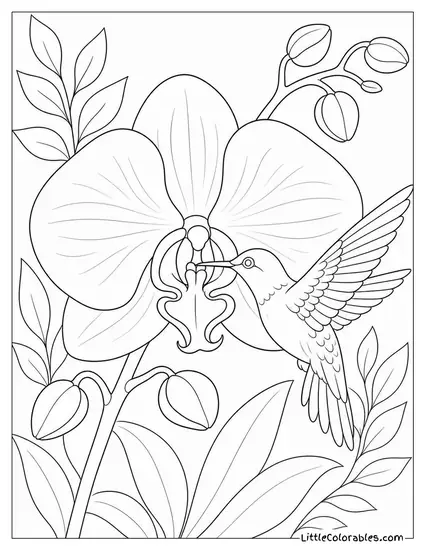 An Orchid Bloom with a Hummingbird Hovering at its Center Coloring Page