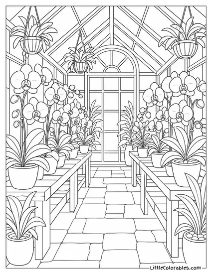An Orchid Greenhouse with Rows of Plants on Wooden Benches Coloring Page