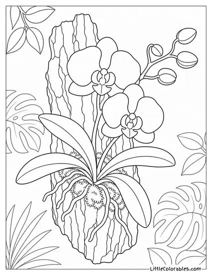 An Orchid Growing Mounted on a Piece of Bark Coloring Page