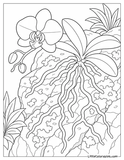 An Orchid Root Clinging to a Damp Stone Surface Coloring Page
