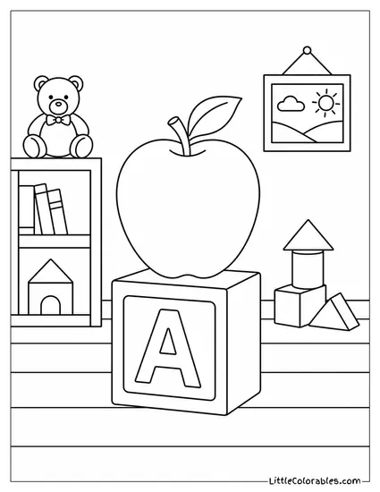 Apple Balanced on Top of a Wooden Building Block Coloring Page