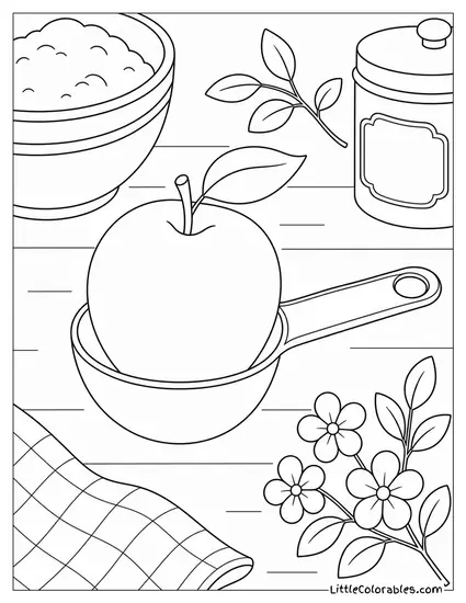 Apple Resting Inside a Small Metal Measuring Spoon Coloring Page