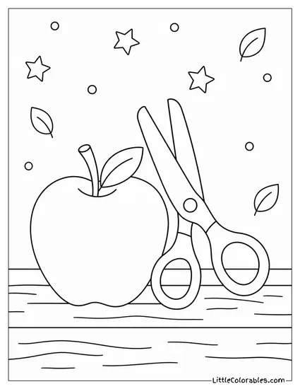 Apple Resting Next to a Pair of School Safety Scissors Coloring Page