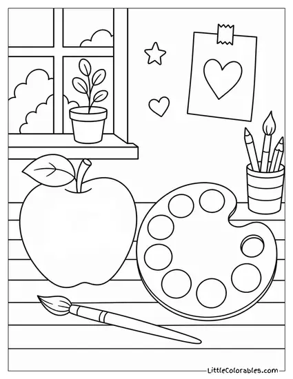 Apple Sitting Next to a Clean White Paint Palette Coloring Page