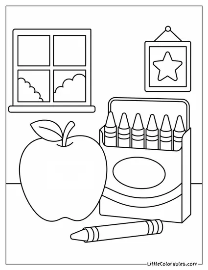 Apple Sitting Next to a School Box of Wax Crayons Coloring Page