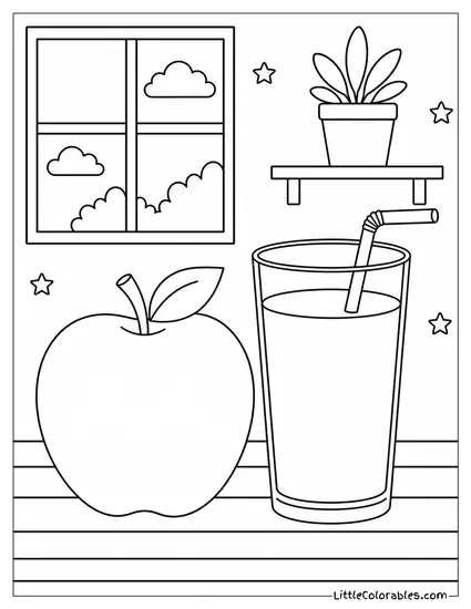 Apple Sitting Next to a Tall Glass of Juice Coloring Page