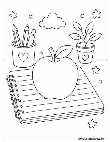 Apple Sitting on the Open Page of a Notebook Coloring Page