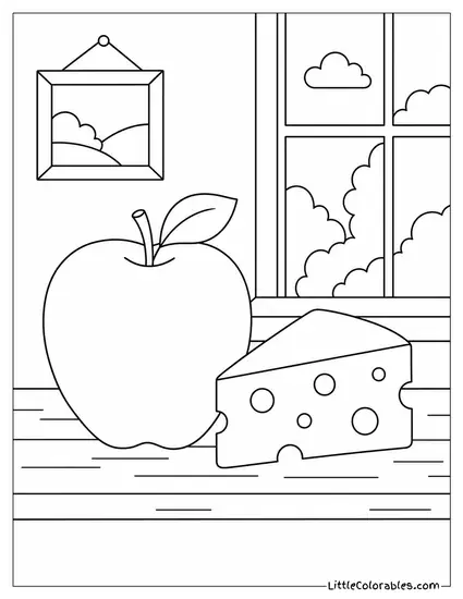 Apple Sitting Right Next to a Slice of Cheese Coloring Page