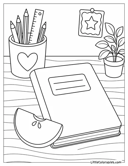 Apple Slice Resting Next to a Closed School Notebook Coloring Page