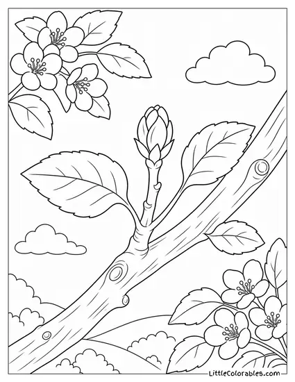Apple Tree Branch Showing a Tiny Growing Bud Coloring Page