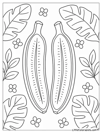 Banana Cut Completely in Half Lengthwise Showing the Interior Coloring Page