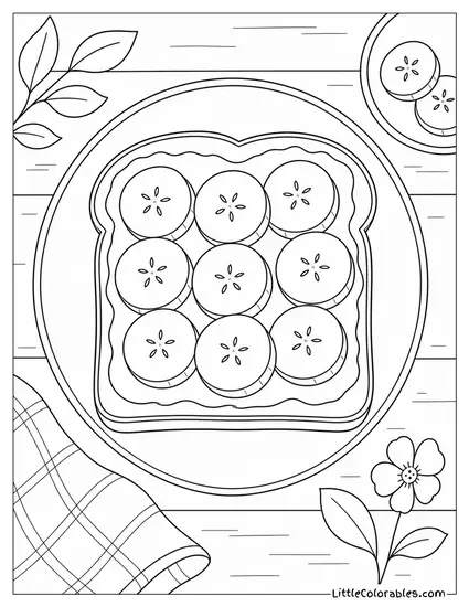 Banana Slices Arranged on a Single Slice of Toast Coloring Page