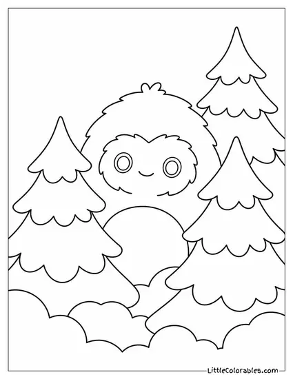 Benny the Bigfoot Squishmallow Peeking Out From Misty Pine Trees Coloring Page