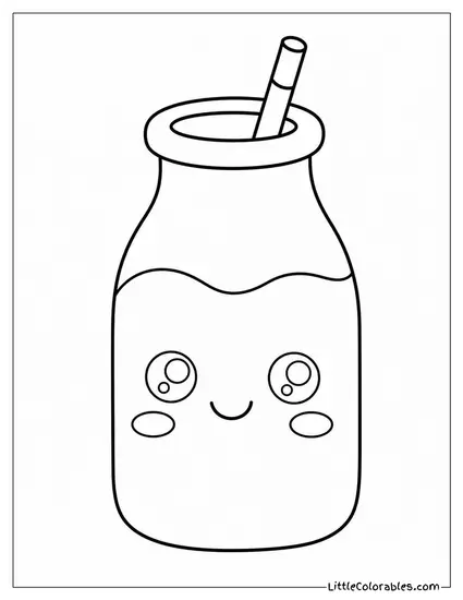 Bottle of Milk With a Tiny Straw and Rosy Cheeks Coloring Page