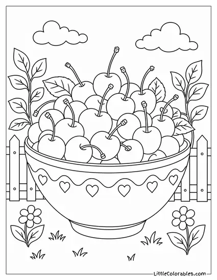 Bowl Filled to the Brim With Fresh Cherries Coloring Page