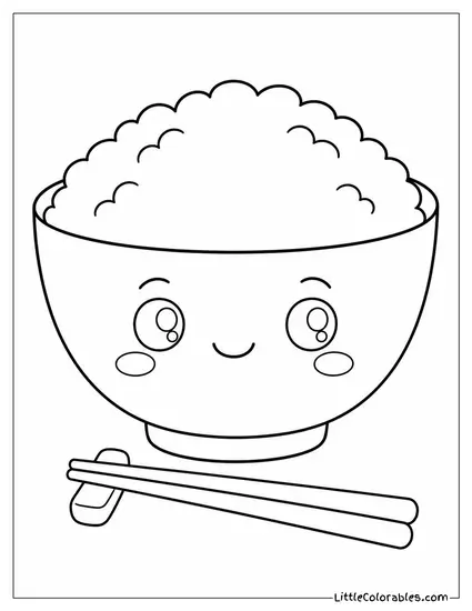Bowl of Rice With Chopsticks and a Shy Smile Coloring Page