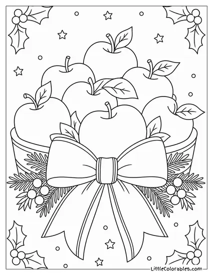 Bunch of Apples Decorated with a Festive Holiday Ribbon Coloring Page