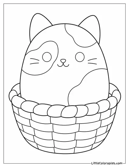 Cam the Calico Cat Squishmallow Sitting in a Cozy Basket Coloring Page