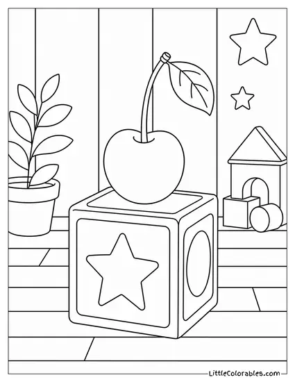 Cherry Balanced on Top of a Wooden Building Block Coloring Page