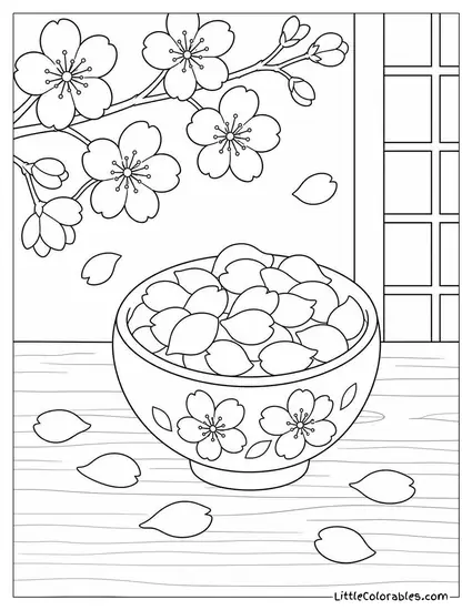 Cherry Blossom Petals Collected in a Small Ceramic Bowl Coloring Page