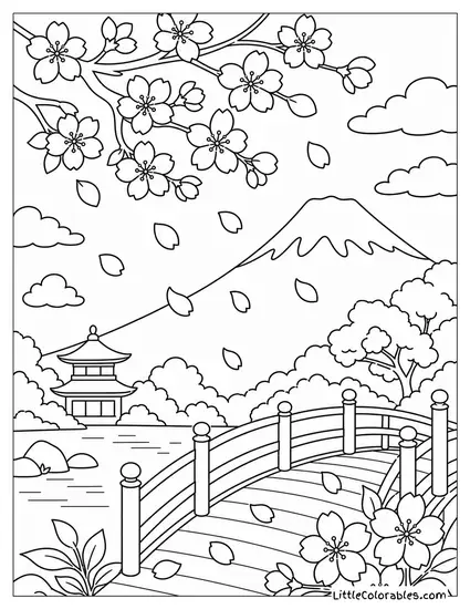 Cherry Blossom Petals Falling Gently in the Wind Coloring Page