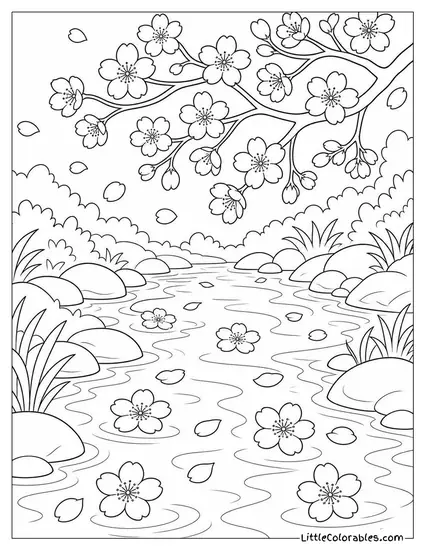 Cherry Blossom Petals Floating on the Surface of a Stream Coloring Page