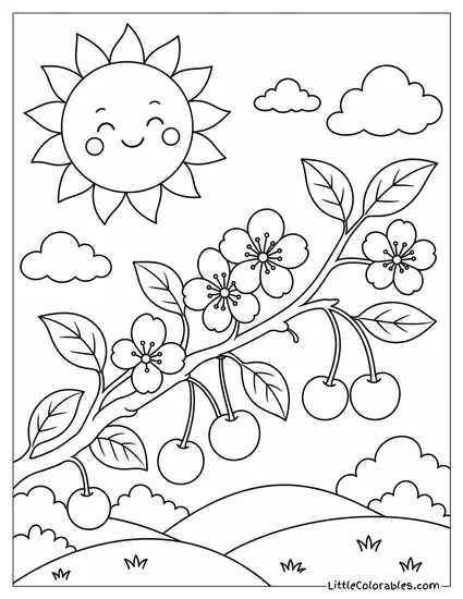 Cherry Branch Growing Under a Warm Smiling Sun Coloring Page