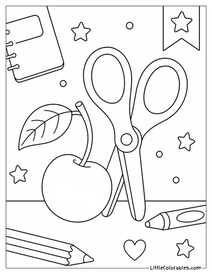 Cherry Resting Next to a Pair of School Safety Scissors Coloring Page