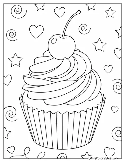 Cherry Sitting Neatly on Top of a Frosted Cupcake Coloring Page