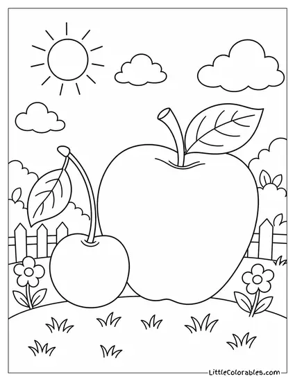 Cherry Sitting Next to a Large Juicy Red Apple Coloring Page