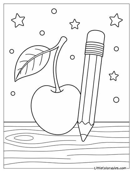 Cherry Sitting Next to a Standard Wooden School Pencil Coloring Page