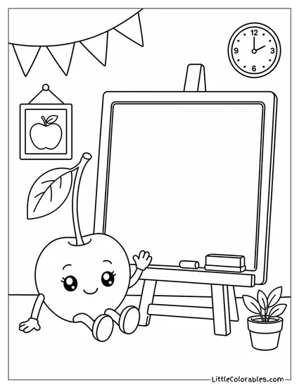 Cherry Sitting Next to an Old Fashioned School Chalkboard Coloring Page