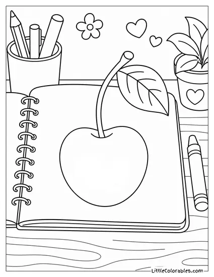Cherry Sitting on the Open Page of a Notebook Coloring Page